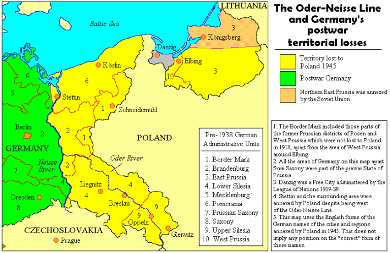 Mapa de los cambios de fronteras de Alemania y Polonia y la línea Óder-Neisse